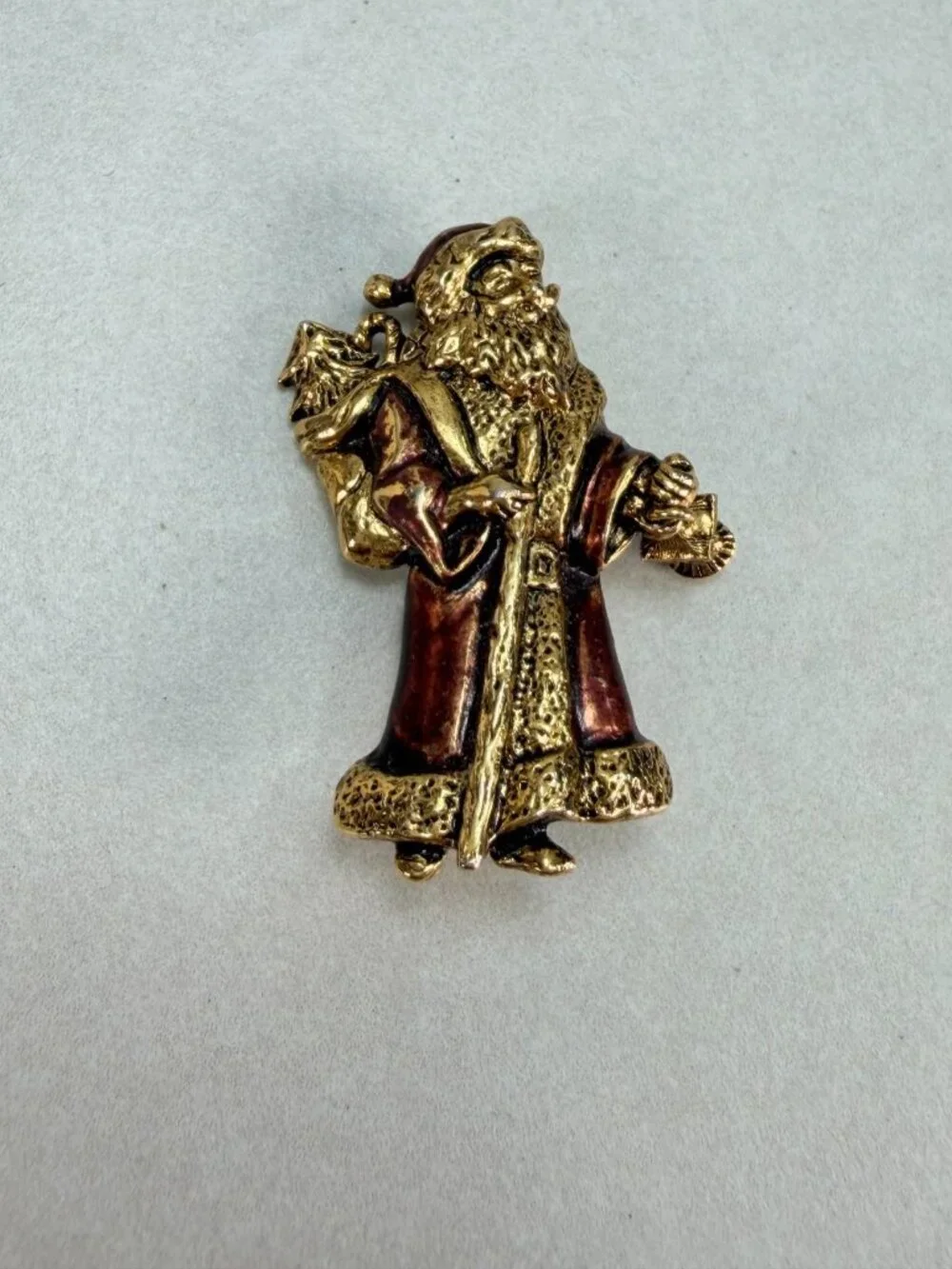 Vintage Santa Claus Brooch Gold Tone Enamel USA Christmas Dangling Lantern Pin